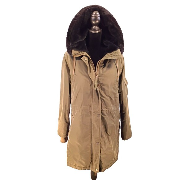 Gap Winter Jacket Hood Zip Moss Green Women's S Velour Lined Pockets Knee Length - Picture 1 of 16